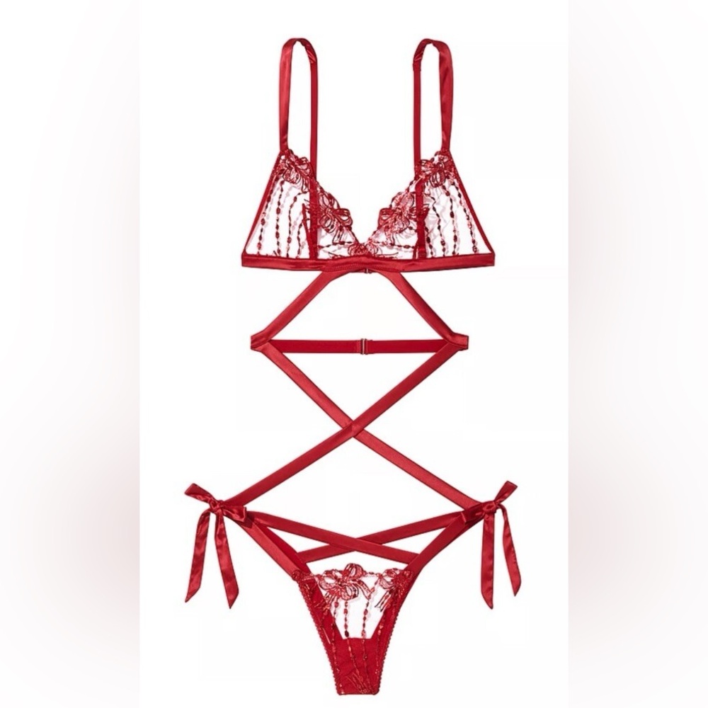 Victoria's Secret Very Sexy Bow Embroidery Unwrapped Open-Back Teddy